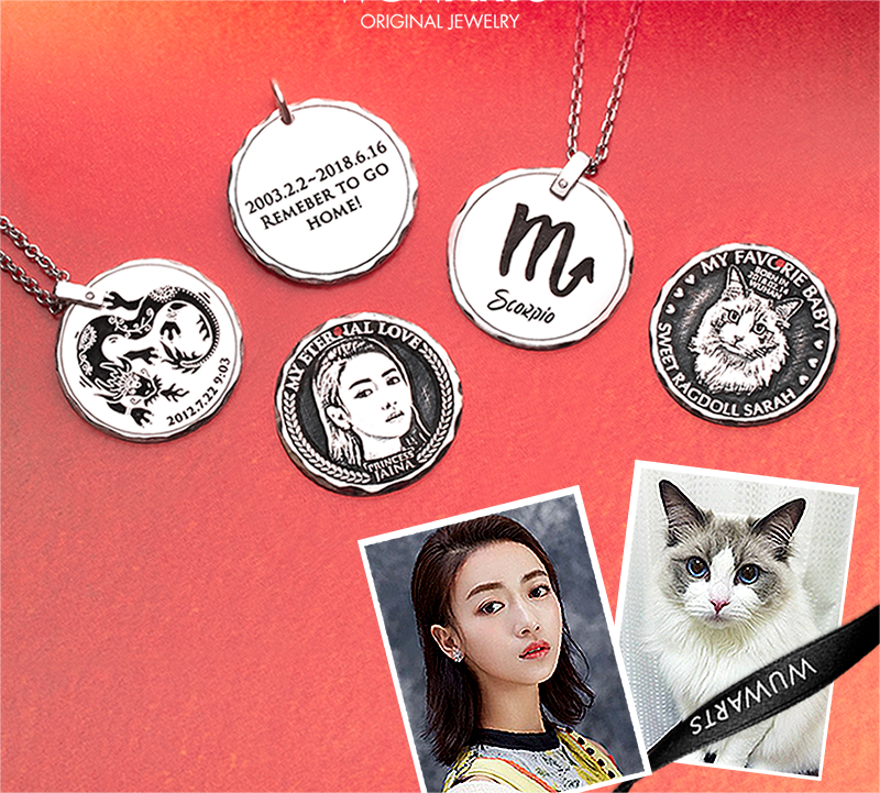 Custom Handcrafted Sterling Silver Necklace with Personalized Engraved Pendant for Family and Pet Photos Couple's Gift and Keepsake