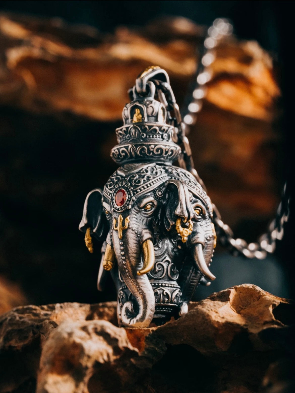 925 Silver Triple-Faced Ganesh Limited Edition Diamond Handmade Men's Gold Necklace