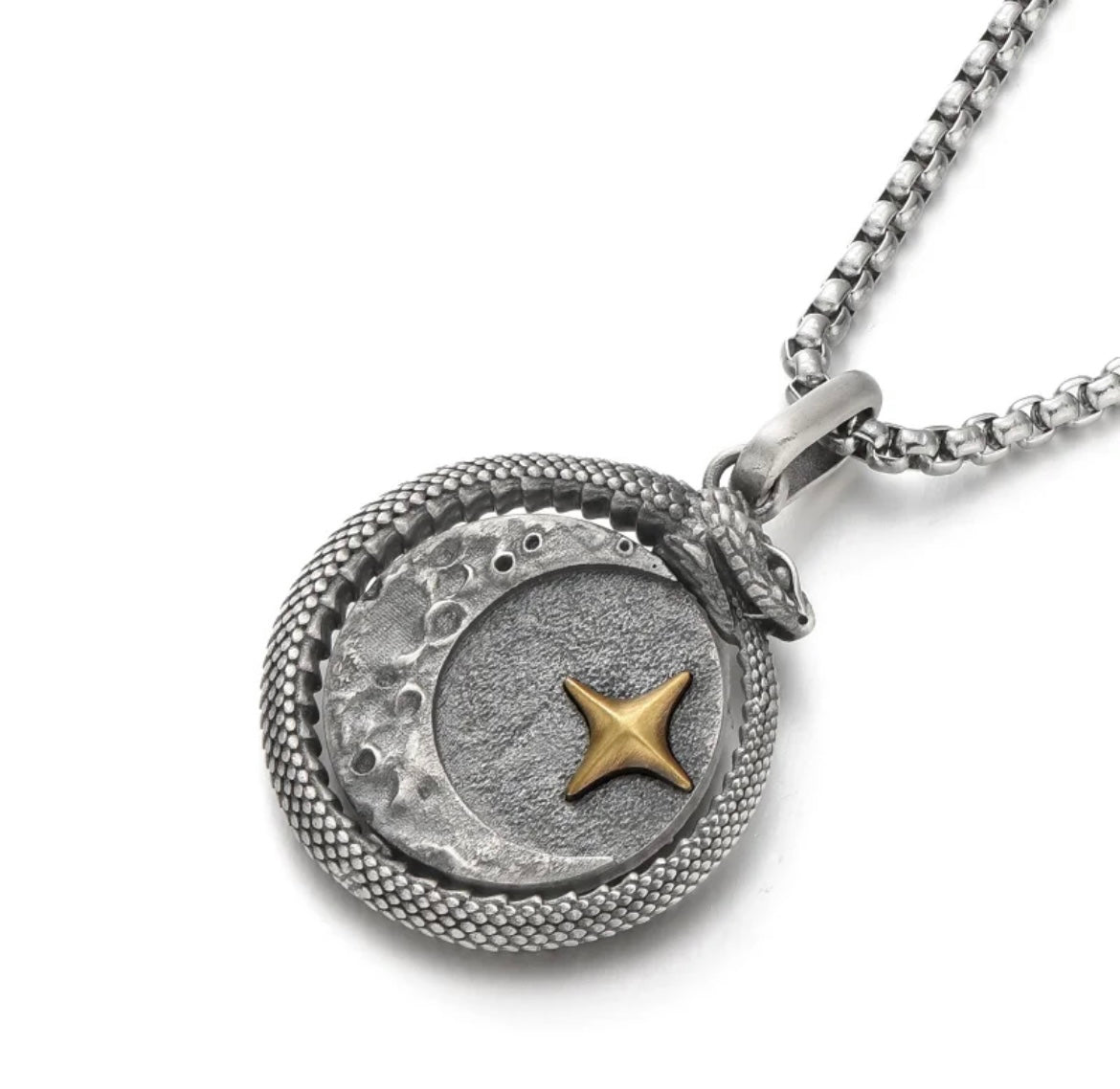 925 Silver Sun and Moon Rotating Pendant Necklace Serpent Celestial Trendy Design for Men