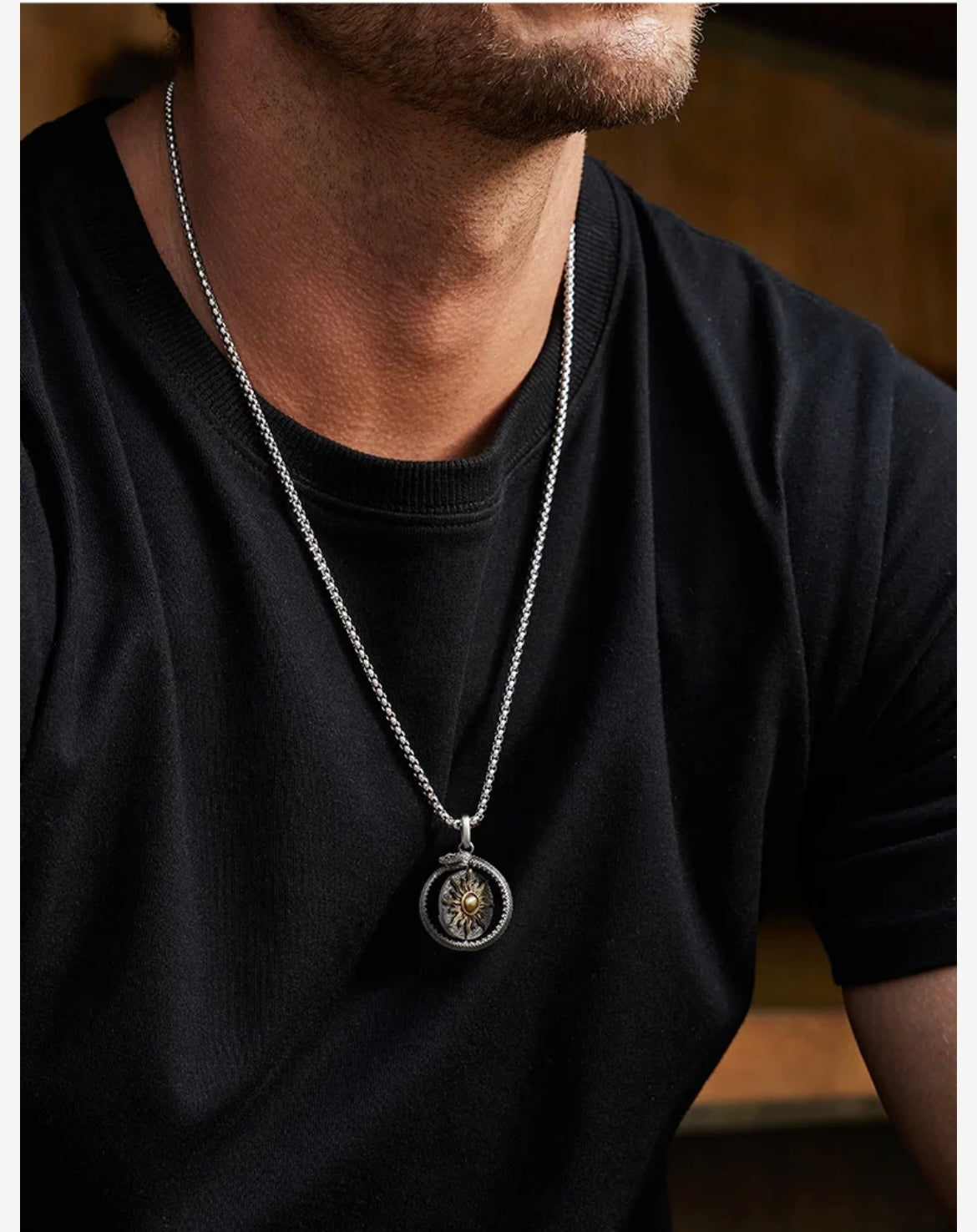 925 Silver Sun and Moon Rotating Pendant Necklace Serpent Celestial Trendy Design for Men