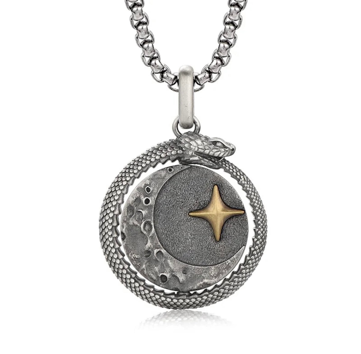 925 Silver Sun and Moon Rotating Pendant Necklace Serpent Celestial Trendy Design for Men