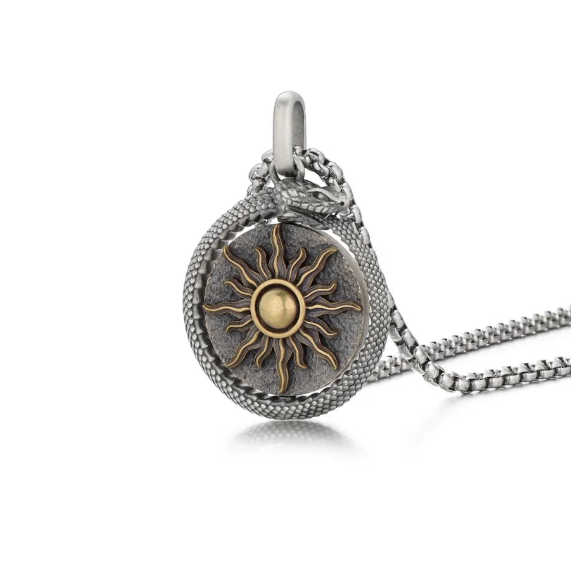 925 Silver Sun and Moon Rotating Pendant Necklace Serpent Celestial Trendy Design for Men