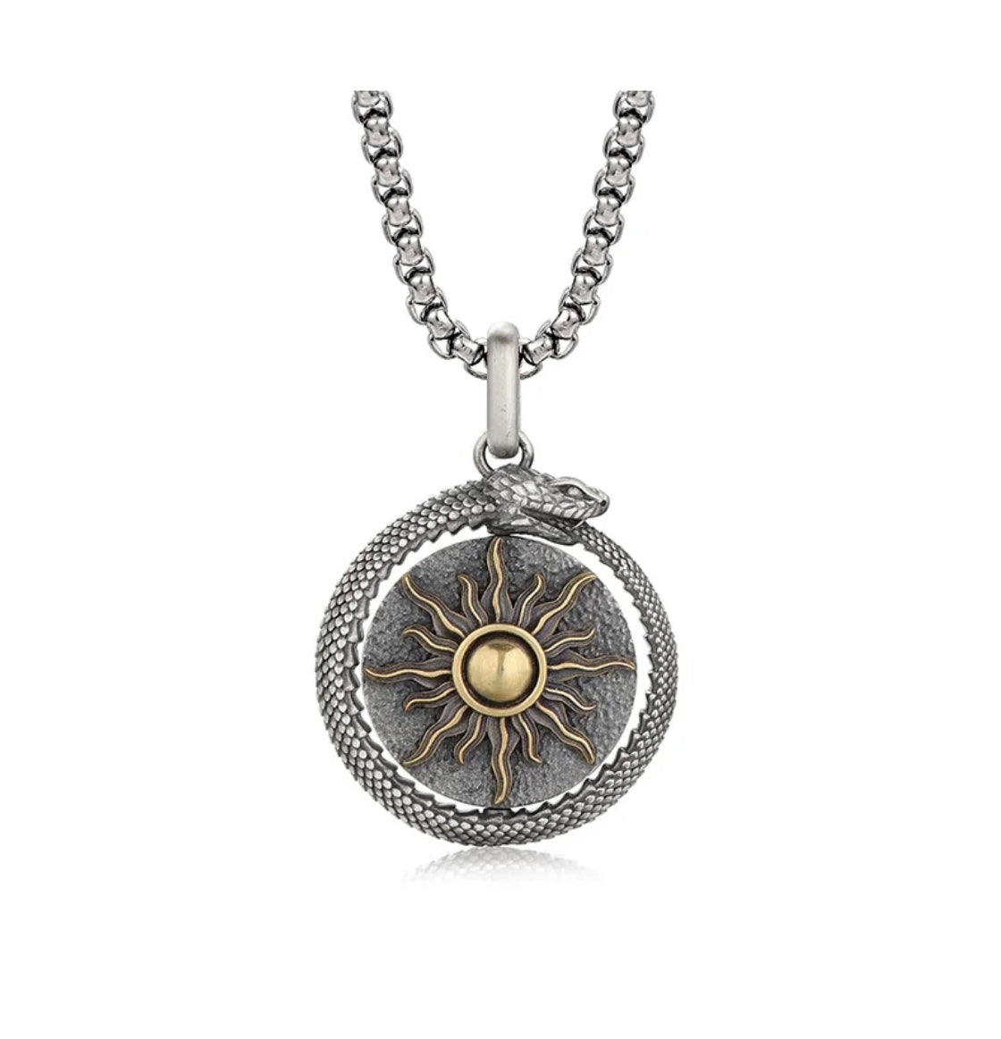 925 Silver Sun and Moon Rotating Pendant Necklace Serpent Celestial Trendy Design for Men