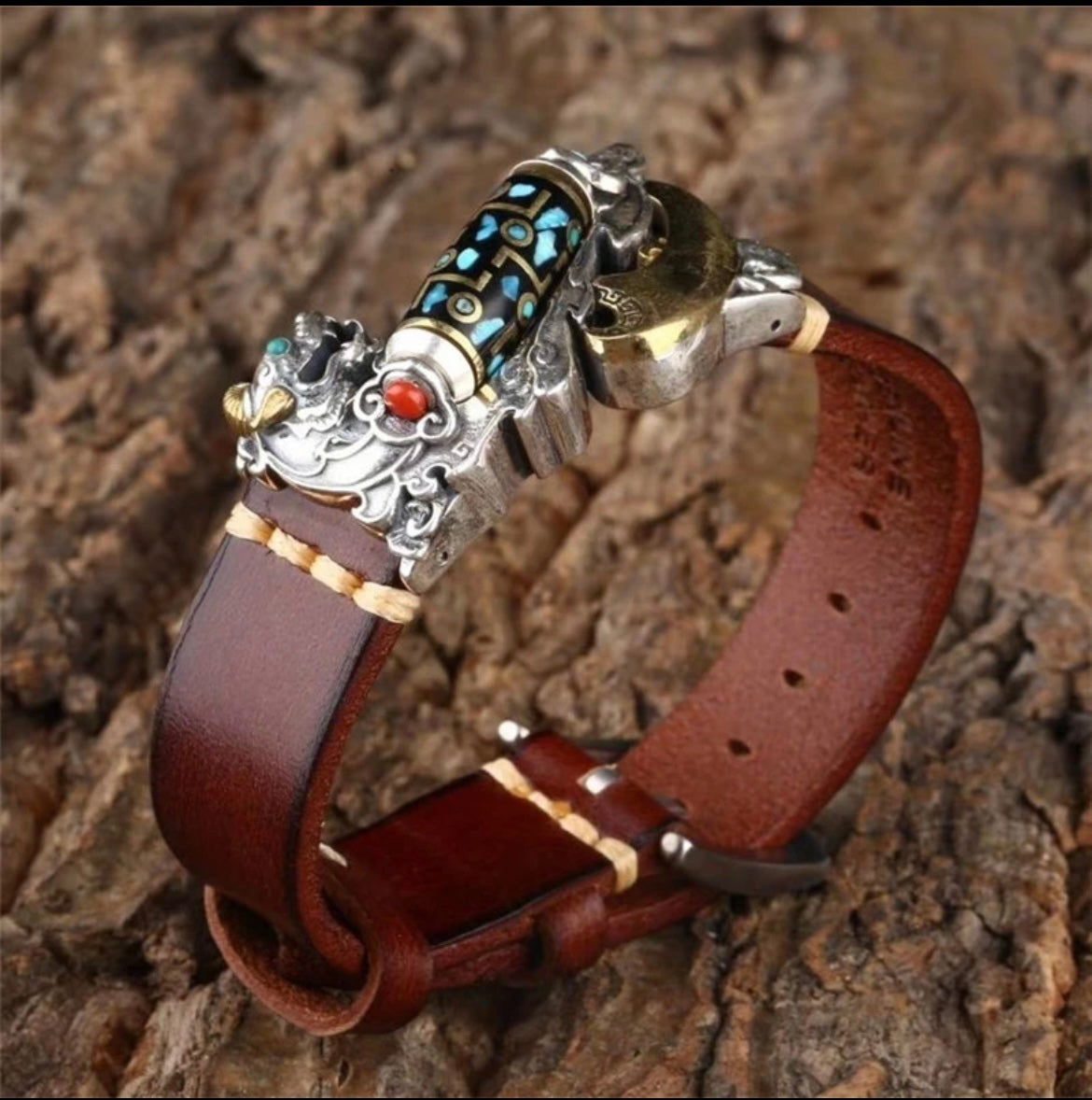 925 Silver Leather Bracelet with Tianzhu and Pixiu Auspicious Guardian with Rotatable Design