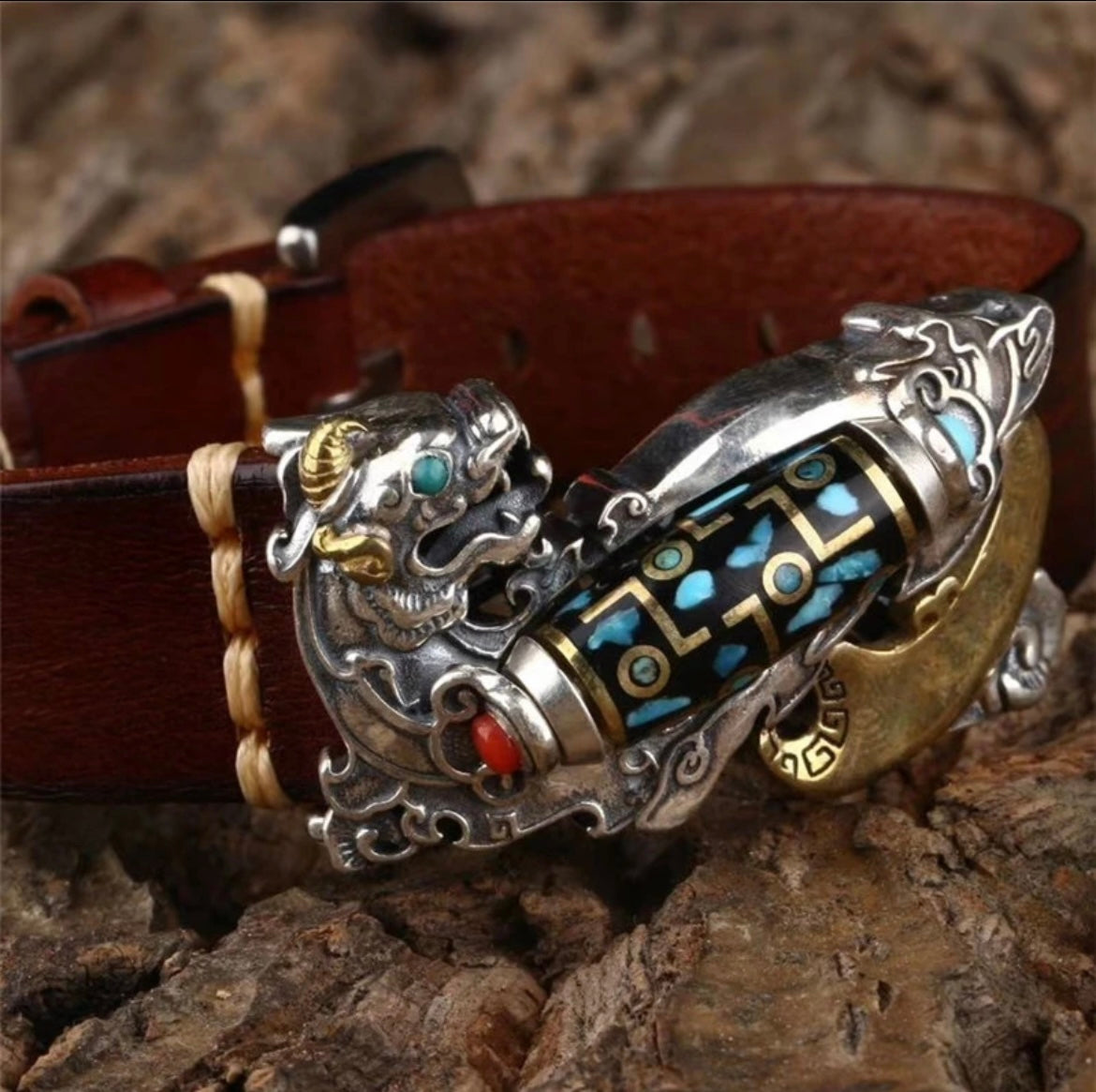 925 Silver Leather Bracelet with Tianzhu and Pixiu Auspicious Guardian with Rotatable Design