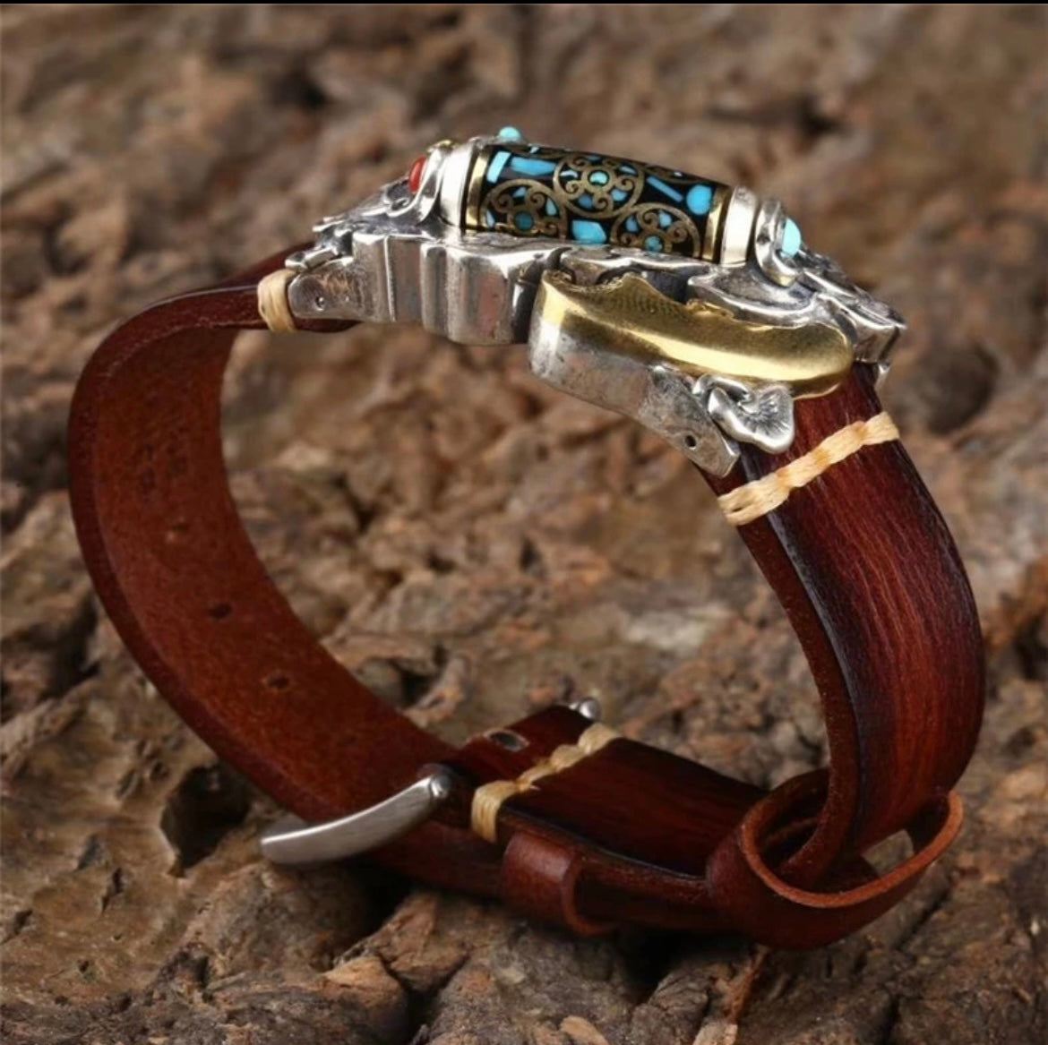 925 Silver Leather Bracelet with Tianzhu and Pixiu Auspicious Guardian with Rotatable Design