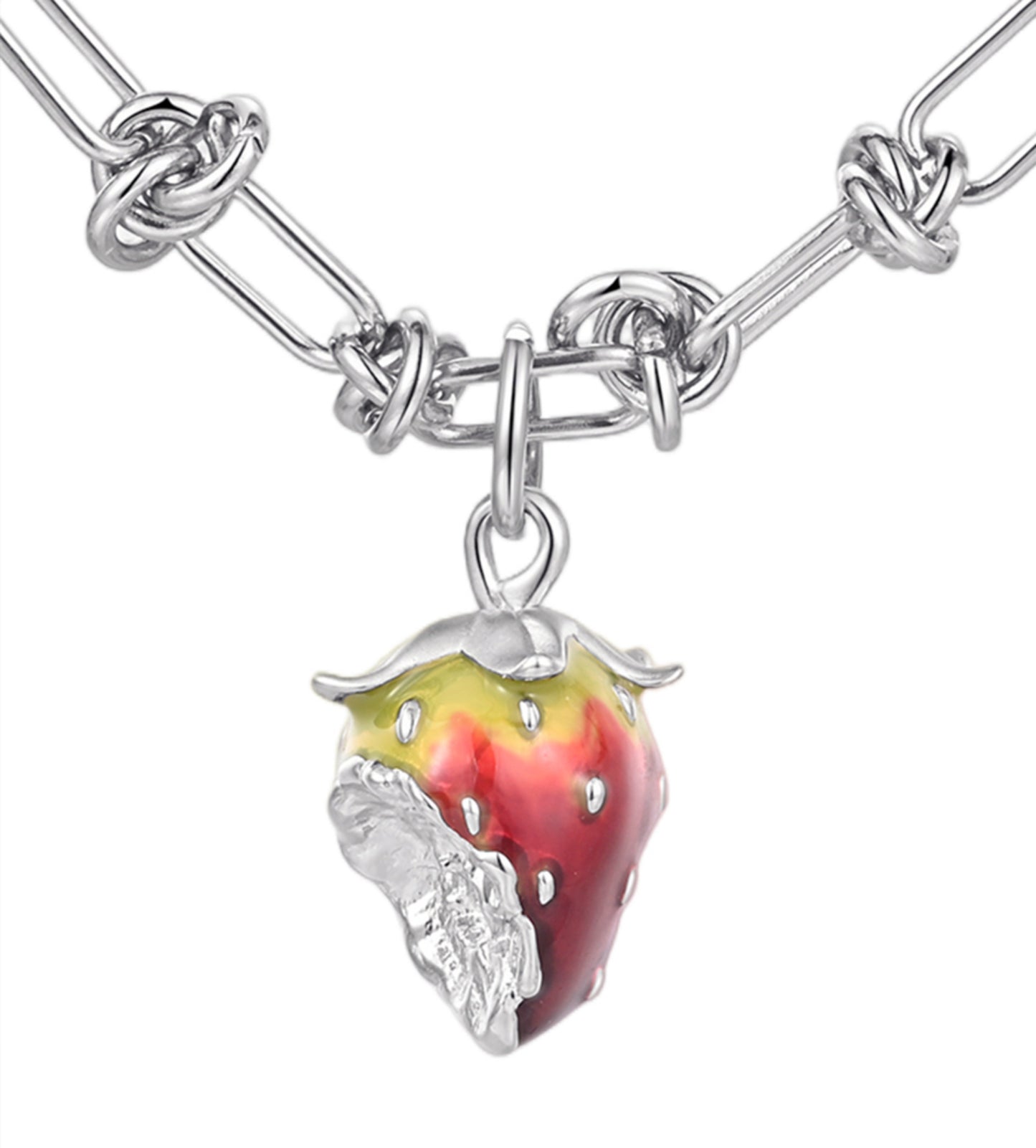 925 Silver Strawberry Colored Enamel Pendant with High-Quality Titanium Steel Chain Original Design for Couples in Love